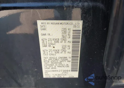 2015 Nissan Murano Sv z USA, uszkodzony, nr VIN 5N1AZ2MH9FN273094